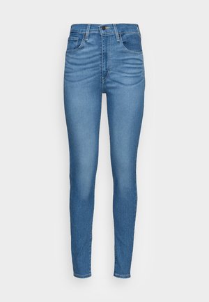 Blaue Skinny-Jeans aus Denim mit hohem Bund, fünf Taschen und glatter Textur. Verfügt über einen klassischen Knopfverschluss und Gürtelschlaufen.
