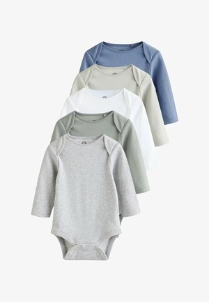 Set di cinque body a manica lunga per neonati in grigio, bianco, verde salvia e blu. Realizzati in morbido cotone con chiusure a pressione sul fondo.