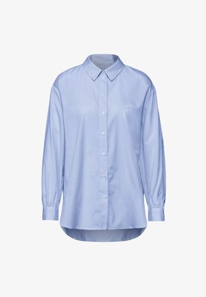 Světle modrá košile na knoflíky s vertikálním pruhovaným vzorem, dlouhými rukávy s manžetami na knoflíky a klasickým límcem.