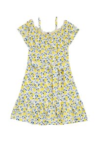 Gul axelbandslös klänning med blommönster, med design av citroner och blad, volangärmar, knytbälte och skiktad fåll.