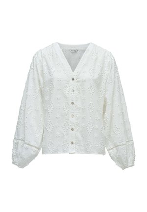 Blouse blanche à manches longues avec encolure en V, boutonnage sur le devant, manches bouffantes et motif brodé floral texturé sur toute la surface.