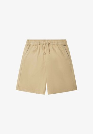 Pantaloncini beige casual con vita elastica, coulisse, tasche laterali e taglio gamba dritta, posati su uno sfondo bianco.