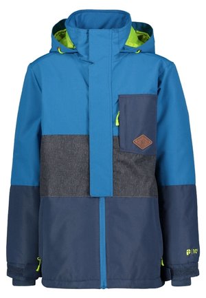 Blau und marinefarbene, farblich abgesetzte Jacke mit einem strukturierten grauen Panel, einer mit Reißverschluss versehenen Brusttasche und gelben Akzenten an der Hardware und den Bündchen.