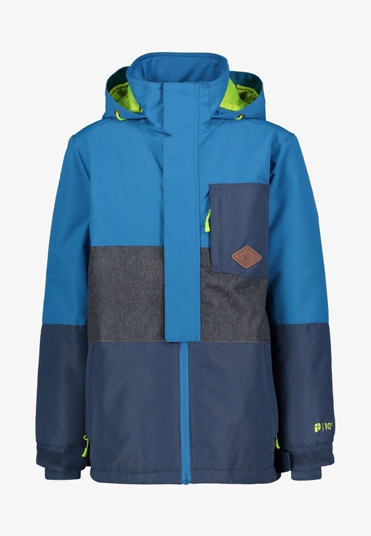 Veste color-block en bleu et marine avec un panneau texturé gris, une poche poitrine zippée et des accents jaunes sur les accessoires et les poignets.