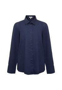 Camicia blu navy a maniche lunghe con colletto, taglio dritto e chiusura con bottoni davanti, caratterizzata da una texture liscia e maniche con polsini.