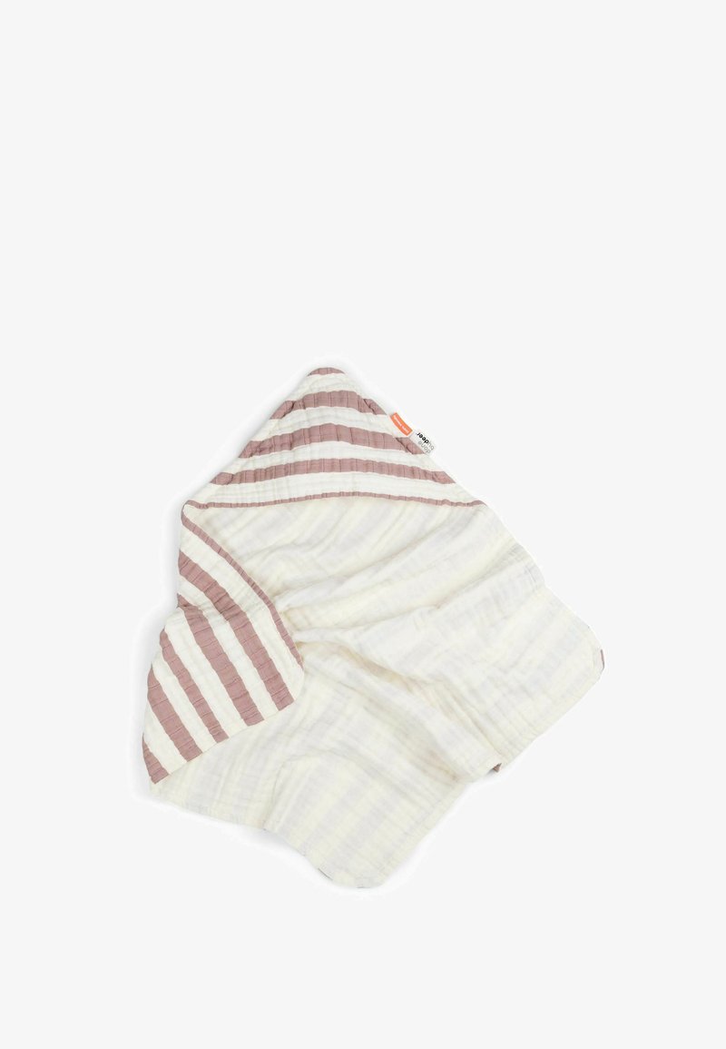 Soft baby hooded towel with pink and white stripes on the hood and edges, plain white body, and a small fabric label.
