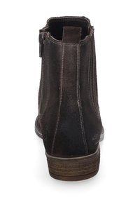 Braune Wildleder-Stiefelette mit glatter Textur, Reißverschluss und horizontaler Naht; flacher Absatz und leicht abgerundete Zehenform.