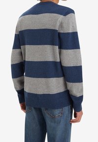 Pull en tricot rayé bleu et gris avec poignets et ourlet côtelés, doté d'un col rond et d'une texture douce. Coupe décontractée, dos uni.