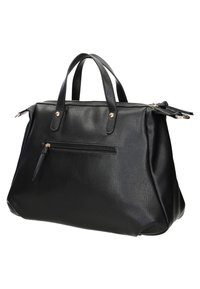 Borsa in pelle nera con doppio manico superiore, chiusura con zip e tasca frontale con zip. Finitura testurizzata con accenti in metallo dorato.
