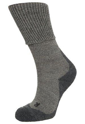 Grau Socken mit geripptem Bündchen, glatter Textur, verstärktem Fersen- und Zehenbereich in einer dunkleren Farbnuance und einem kleinen Markenlogo an der Unterseite.