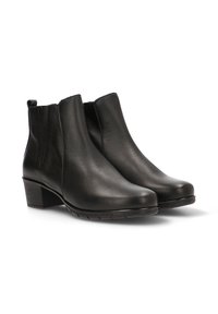 Botas de cuero negras hasta el tobillo con un acabado suave, punta redondeada y un tacón bajo en bloque. Cuenta con paneles laterales elásticos para un fácil calce.