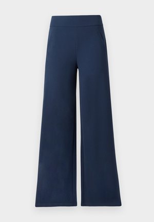 Navy wide-leg pants with a smooth texture, featuring a high waistband and two side pockets for functionality.