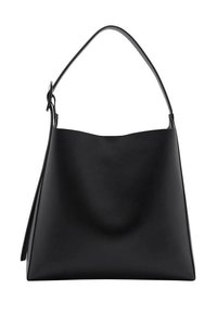 Svart läder tote-väska med en slät textur, en rundad topp och ett enda platt handtag, som har en oformad form och en minimalistik design.