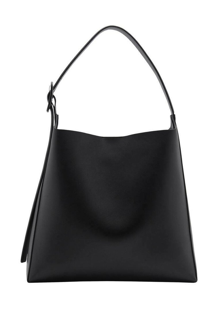 Svart läder tote-väska med en slät textur, en rundad topp och ett enda platt handtag, som har en oformad form och en minimalistik design.