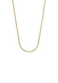 Collier en chaîne de couleur dorée, présentant un design torsadé et une texture lisse, avec un profil plat et une couleur uniforme sur l'ensemble.