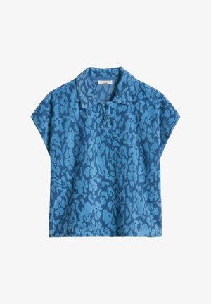 Blue short-sleeve polo shirt with dark blue abstract floral pattern and two buttons on the collar.