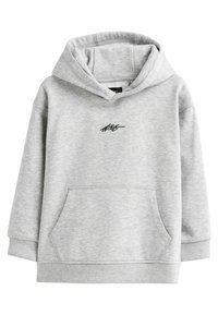 Hellgraue Kapuzenjacke aus weichem Baumwollmix, mit einer Kängurutasche auf der Vorderseite und einem gestickten schwarzen Logo auf der Brust.