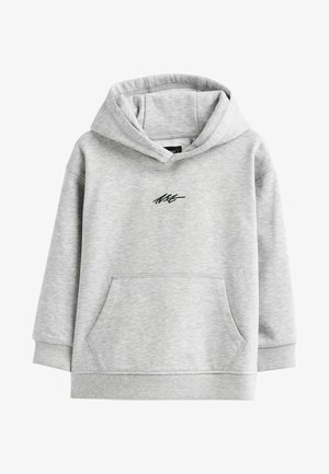 Felpa grigia chiara con cappuccio, realizzata in morbido misto cotone, con tasca a canguro frontale e logo ricamato nero sul petto.