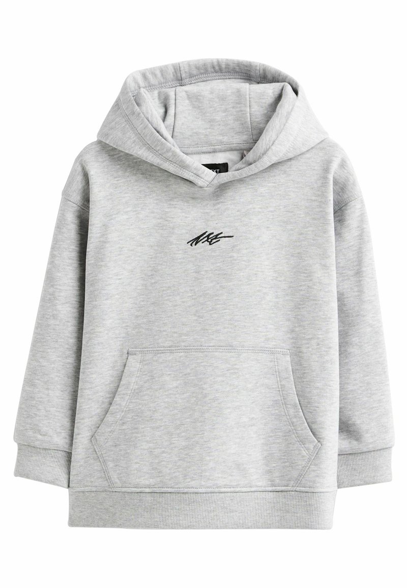 Hellgraue Kapuzenjacke aus weichem Baumwollmix, mit einer Kängurutasche auf der Vorderseite und einem gestickten schwarzen Logo auf der Brust.