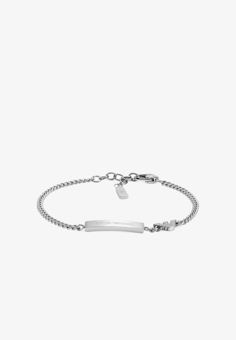 Bracelet en argent avec un design en chaîne et une barre plate gravée portant la mention "Emporio Armani". Comprend un fermoir et une petite étiquette.