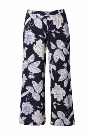 Wijde broek in marineblauwe stof met contrasterend wit en lavendel bloemmotief, elastische tailleband, lichtgewicht textuur en een losse pasvorm.