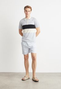 Camisola polo cinza-claro com riscas horizontais pretas e brancas, combinada com calções risca azul e branco. Usada com sandálias planas bege.