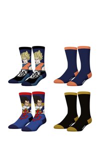 Quatre paires de chaussettes : en haut à gauche avec un design bleu, orange et jaune mettant en vedette un personnage ; en haut à droite en marine uni avec des accents orange ; en bas à gauche en rouge, marine et bleu avec un autre personnage ; en bas à droite en noir avec des accents dorés.