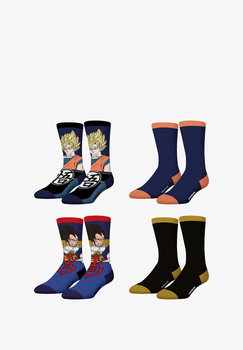 Quatre paires de chaussettes : en haut à gauche avec un design bleu, orange et jaune mettant en vedette un personnage ; en haut à droite en marine uni avec des accents orange ; en bas à gauche en rouge, marine et bleu avec un autre personnage ; en bas à droite en noir avec des accents dorés.