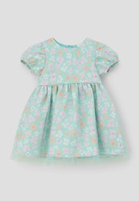 Hellgrünes Kleid mit kurzen Puffärmelchen, floralen Mustern in Pink und Orange sowie einem gerafften Rock. Hergestellt aus weichem, strukturiertem Stoff.