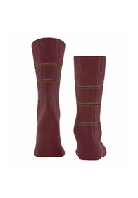 Burgunderfarbene Socken mit gerippter Textur; verfügen über drei horizontale Streifen in Grau und Gelb. Mittellanger Schaft mit glatter Oberfläche.