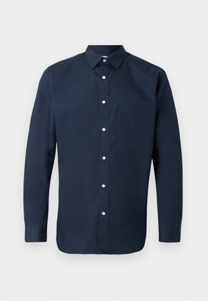 Marineblaue Langarmbluse aus glattem Baumwollstoff mit einem Umlegekragen, einer Knopfleiste vorne und geknöpften Manschetten. Keine sichtbaren Muster.