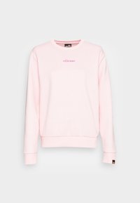 Sudadera rosa de mangas largas, con cuello redondo, puños y dobladillo de canalé, que presenta el logotipo bordado de "ellesse" en el pecho. Textura de tela suave.