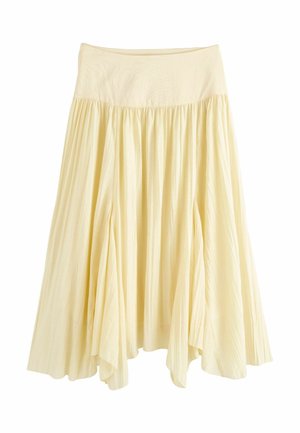 Cremefarvet, højtaljet midi-nederdel med plisseringer, ujævn kant og blød, flydende stoftekstur.