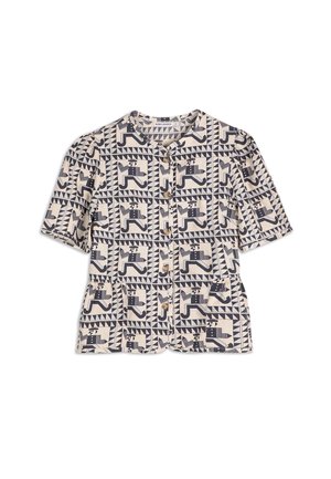 Camicia button-up a maniche corte con un motivo geometrico blu navy e avorio, caratterizzata da un collo rotondo e delicate pieghe sulle spalle.