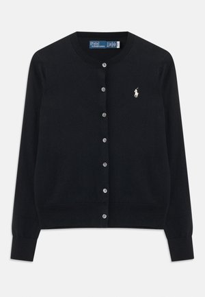 Black button-up cardigan with long sleeves, crew neckline, and white Polo Ralph Lauren logo embroidered on the left chest.