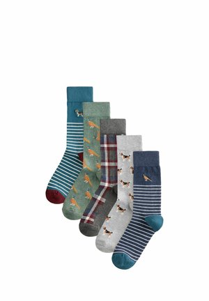Fem par farverige mønstrede sokker med designs, der inkluderer fugle, hunde, striber og tern, arrangeret side om side på en hvid baggrund.