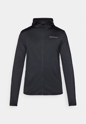 Schwarze Zip-Jacke mit Kapuze aus einem glatten, leichten Material. Verfügt über ein Logo auf der oberen linken Brust und lange Ärmel.