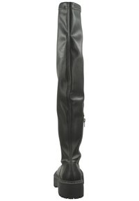 Bottes noires en simili cuir montantes jusqu'à la cuisse, avec une texture lisse, une fermeture éclair sur le côté et un détail de semelle plateforme épaisse.