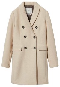 Cappotto doppiopetto crema realizzato in misto lana, con bottoni neri, colletto con risvolto, due tasche frontali e maniche lunghe.