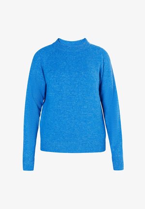 Pulover albastru cu mânecă lungă, cu guler rotund ribilat, manșete și tiv, expus pe un fundal alb.