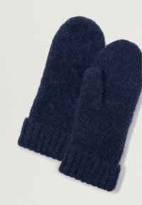 Marineblå uldvanter med en blød tekstur, der har ribbede manchetter og en traditionel form. Ydersiden har et dunet udseende.