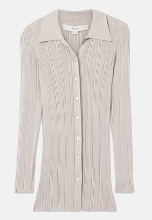 Light grey ribbed cardigan featuring long sleeves, a notched collar, and six round buttons down the front. Textured fabric with vertical lines.