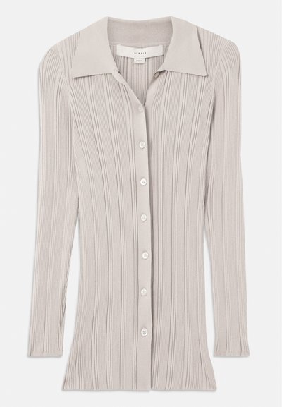 Light grey ribbed cardigan featuring long sleeves, a notched collar, and six round buttons down the front. Textured fabric with vertical lines.