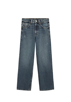 Blue wide-leg denim jeans with front button, zipper, belt loops, and slight faded distressing on thighs and pockets.