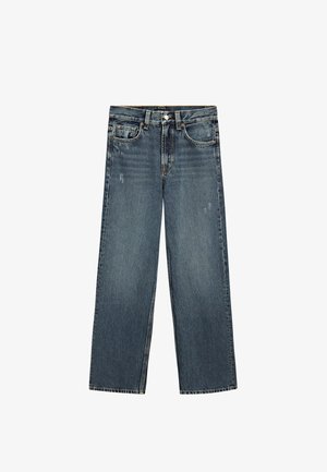 Blue wide-leg denim jeans with front button, zipper, belt loops, and slight faded distressing on thighs and pockets.