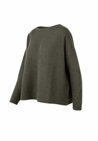 Maglione a maglia di un verde oliva scuro, con una vestibilità rilassata, scollo tondo, maniche lunghe e aperture laterali lungo l'orlo. Tessuto morbido e design minimale.