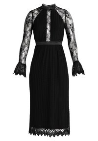 Robe midi noire avec manches longues en dentelle transparente, col montant, panneau avant en dentelle, taille cintrée, ourlet et poignets en dentelle festonnée.