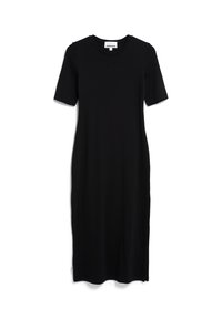 Schwarzes knielanges Kleid aus geripptem Stoff, mit Rundhalsausschnitt und kurzen Ärmeln, seitlichem Schlitz und dezentem Branding.