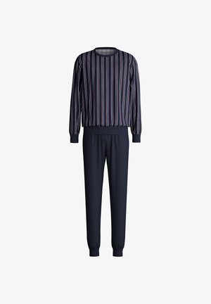 Navy tracksuit featuring a striped long-sleeve top with elastic cuffs and matching pants with a tapered leg design and elastic waistband.