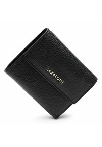 Portefeuille en cuir noir texturé avec un design plié et la marque dorée "LAZAROTTI". Forme compacte, finition lisse et couture visible.